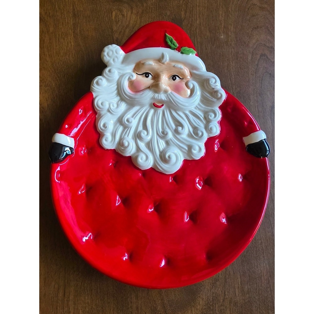 Red Ceramic Santa Claus Christmas Serving Platter decor 3D Sculpted Plate 12in